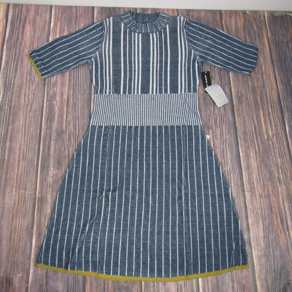 Donna Morgan Dress Womens Large Navy White Striped Knit Midi Half Sleeve Modern